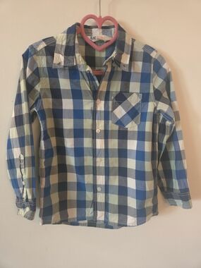H&M Boys Blue Plaid Button-Up Shirt Size 4-5y